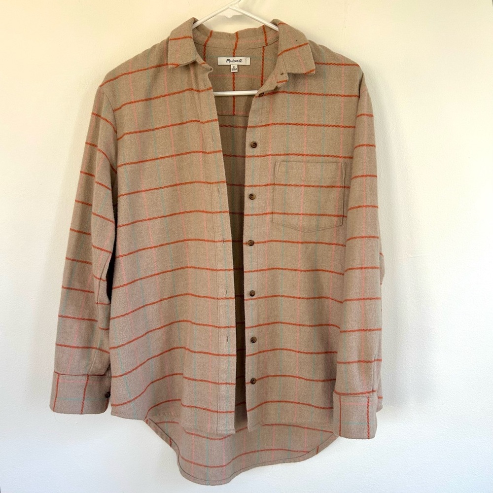 Madewell Tan Brushed Fleece Plaid Flannel Button-Up Shirt Long Sleeve w/ Collar